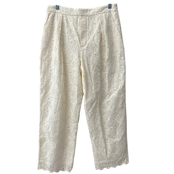 Zara High Waisted Embroidered Eyelet Cropped Scalloped Pants Cream Size Medium - Picture 6 of 16